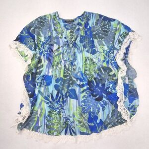 Club Z Collection Coverup Womens Small Medium Blue Tropical Lace Trim Kaftan Top